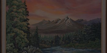 Movie still from “No Exit” (2022), directed by Damien Power – A painting of a mountain range with trees in the foreground; Extreme Wide shot, High angle