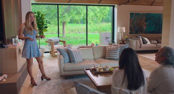 Movie still from “No Hard Feelings” (2023), directed by Gene Stupnitsky – A woman sitting on a couch in front of a window; Wide shot, Over the shoulder angle