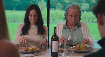 Movie still from “No Hard Feelings” (2023), directed by Gene Stupnitsky – A man and a woman sitting at a dinner table; Medium shot, Over the shoulder angle