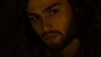 Movie still from “Noah” (2014), directed by Darren Aronofsky – A person with long hair and a beard; Close Up shot, High angle
