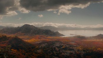 Movie still from “Noah” (2014), directed by Darren Aronofsky – A view of the ocean from a mountain top; Extreme Wide shot, High angle