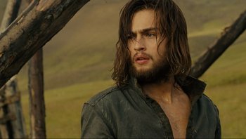 Movie still from “Noah” (2014), directed by Darren Aronofsky – A person with long hair and a beard; Close Up shot, Low angle