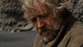 Movie still from “Noah” (2014), directed by Darren Aronofsky – An old man with a beard and a beard on; Close Up shot, Low angle