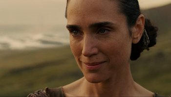 Movie still from “Noah” (2014), directed by Darren Aronofsky – A woman's face in a field; Close Up shot, Over the shoulder angle