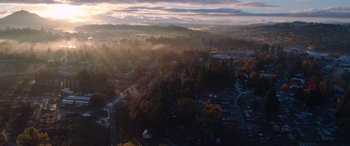 Movie still from “Notorious Nick” (2021), directed by Aaron Leong – An aerial view of a city with a lot of trees; Extreme Wide shot, Low angle