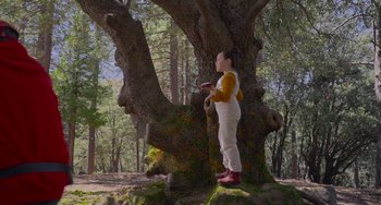 Movie still from “Obi-Wan Kenobi: A Jedi's Return” (2022), directed by David Gelb – A little girl standing next to a tree in the woods; Extreme Wide shot, Low angle