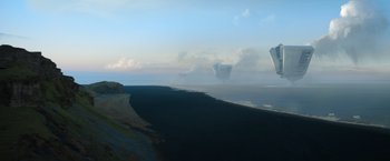 Movie still from “Oblivion” (2013), directed by Joseph Kosinski – An image of an ocean with a boat in the background; Extreme Wide shot, High angle