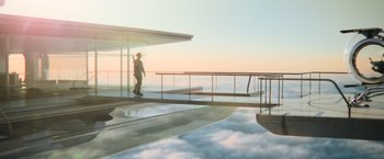 Movie still from “Oblivion” (2013), directed by Joseph Kosinski – A man standing on a balcony overlooking the ocean; Extreme Wide shot, Low angle