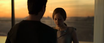 Movie still from “Oblivion” (2013), directed by Joseph Kosinski – A woman and a man looking at one another; Close Up shot, Over the shoulder angle