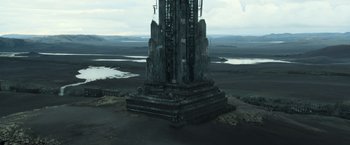 Movie still from “Oblivion” (2013), directed by Joseph Kosinski – An image of a monument in the middle of nowhere; Extreme Wide shot, Low angle