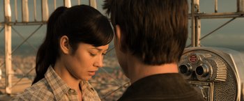 Movie still from “Oblivion” (2013), directed by Joseph Kosinski – A man and a woman looking at one another; Close Up shot, Over the shoulder angle