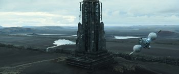 Movie still from “Oblivion” (2013), directed by Joseph Kosinski – An image of an old tower in the middle of nowhere; Extreme Wide shot, Low angle