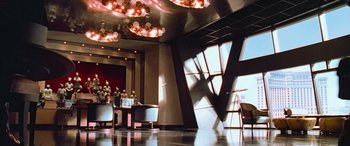 Movie still from “Ocean's Thirteen” (2007), directed by Steven Soderbergh – A room with a lot of lights in the ceiling; Wide shot, High angle