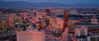Movie still from “Ocean's Thirteen” (2007), directed by Steven Soderbergh – An aerial view of the las vegas strip at night; Extreme Wide shot, High angle