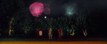 Movie still from “Ocean's Thirteen” (2007), directed by Steven Soderbergh – A group of people standing in front of fireworks; Extreme Wide shot, High angle