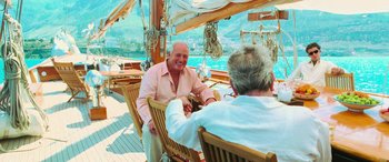 Movie still from “Ocean's Twelve” (2004), directed by Steven Soderbergh – Two men are sitting on a deck on a boat; Wide shot, High angle