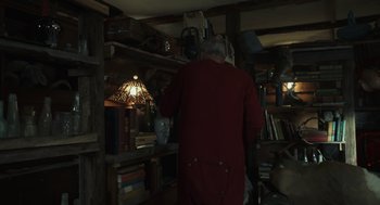 Movie still from “Old Man” (2022), directed by Lucky McKee – An older man standing in front of a book shelf; Medium shot, Low angle