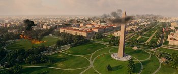 Movie still from “Olympus Has Fallen” (2013), directed by Antoine Fuqua – An aerial view of the washington monument in washington , d; Extreme Wide shot, High angle