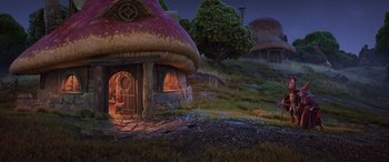 Movie still from “Onward” (2020), directed by Dan Scanlon – An image of an animated house in the middle of the night; Extreme Wide shot, High angle