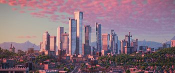 Movie still from “Onward” (2020), directed by Dan Scanlon – A view of a city skyline at sunset; Extreme Wide shot, High angle