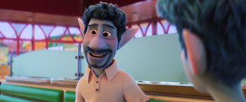 Movie still from “Onward” (2020), directed by Dan Scanlon – An animated character is smiling for the camera; Close Up shot, Over the shoulder angle