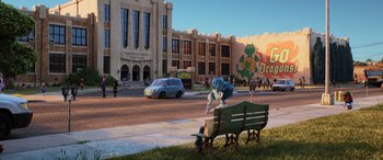 Movie still from “Onward” (2020), directed by Dan Scanlon – A park bench sitting on the side of a road; Extreme Wide shot, Over the shoulder angle