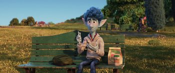 Movie still from “Onward” (2020), directed by Dan Scanlon – An animated character sitting on a bench holding a cup of coffee; Medium shot, High angle
