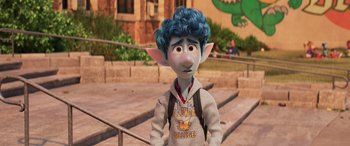 Movie still from “Onward” (2020), directed by Dan Scanlon – An animated character with blue curly hair and blue eyes; Medium shot, High angle