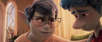 Movie still from “Onward” (2020), directed by Dan Scanlon – An image of an animated character wearing glasses; Close Up shot, Over the shoulder angle