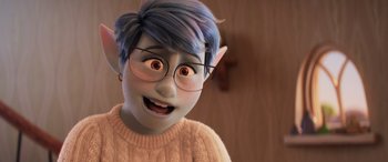 Movie still from “Onward” (2020), directed by Dan Scanlon – An animated character wearing glasses and a sweater; Close Up shot, Over the shoulder angle