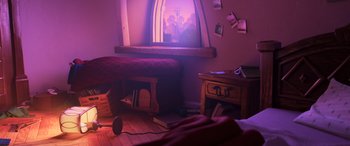 Movie still from “Onward” (2020), directed by Dan Scanlon – A room with a bed , a table , a lamp , and a window; Extreme Wide shot, High angle