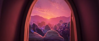 Movie still from “Onward” (2020), directed by Dan Scanlon – An image of an open window with a view of a sunset; Extreme Wide shot, Low angle