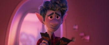 Movie still from “Onward” (2020), directed by Dan Scanlon – An image of an animated character holding a book; Close Up shot, Over the shoulder angle