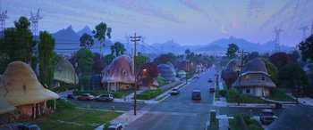 Movie still from “Onward” (2020), directed by Dan Scanlon – A view of a street with houses on the side of the road; Extreme Wide shot, High angle