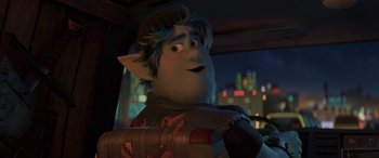 Movie still from “Onward” (2020), directed by Dan Scanlon – A character in a car; Medium shot, Over the shoulder angle