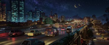 Movie still from “Onward” (2020), directed by Dan Scanlon – A night scene of a city with cars on the road; Extreme Wide shot, Low angle