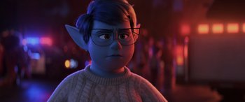 Movie still from “Onward” (2020), directed by Dan Scanlon – An image of an animated character wearing glasses and a sweater; Close Up shot, Over the shoulder angle