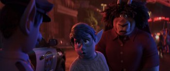 Movie still from “Onward” (2020), directed by Dan Scanlon – A young boy with glasses and a blue sweater; Medium shot, Over the shoulder angle
