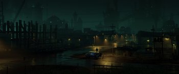 Movie still from “Onward” (2020), directed by Dan Scanlon – A man standing next to a car on a street at night; Extreme Wide shot, High angle