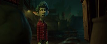 Movie still from “Onward” (2020), directed by Dan Scanlon – An image of an animated character with a green hair; Medium shot, Over the shoulder angle