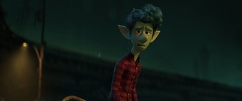 Movie still from “Onward” (2020), directed by Dan Scanlon – An animated character with a blue hair and a red shirt; Medium shot, Over the shoulder angle