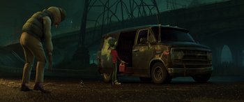 Movie still from “Onward” (2020), directed by Dan Scanlon – A person standing in front of a van at night; Wide shot, Over the shoulder angle