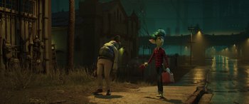 Movie still from “Onward” (2020), directed by Dan Scanlon – Two people standing on a dirt field at night; Wide shot, Over the shoulder angle