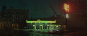 Movie still from “Onward” (2020), directed by Dan Scanlon – A gas station at night lit up with green lights; Extreme Wide shot, Low angle
