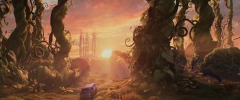 Movie still from “Onward” (2020), directed by Dan Scanlon – An image of a car driving through the woods at sunset; Extreme Wide shot, Low angle