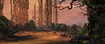 Movie still from “Onward” (2020), directed by Dan Scanlon – An image of an alien landscape with trees in the background; Extreme Wide shot, High angle