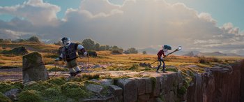 Movie still from “Onward” (2020), directed by Dan Scanlon – A scene from the animated movie cloudy with a chance of meatballs; Wide shot, Low angle