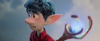 Movie still from “Onward” (2020), directed by Dan Scanlon – An animated character with blue hair and a red shirt; Close Up shot, Over the shoulder angle