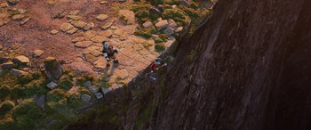 Movie still from “Onward” (2020), directed by Dan Scanlon – Two people are climbing up the side of a rock wall; Extreme Wide shot, Overhead angle