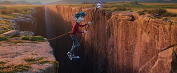 Movie still from “Onward” (2020), directed by Dan Scanlon – An animated character flying over a cliff with a spear; Wide shot, High angle